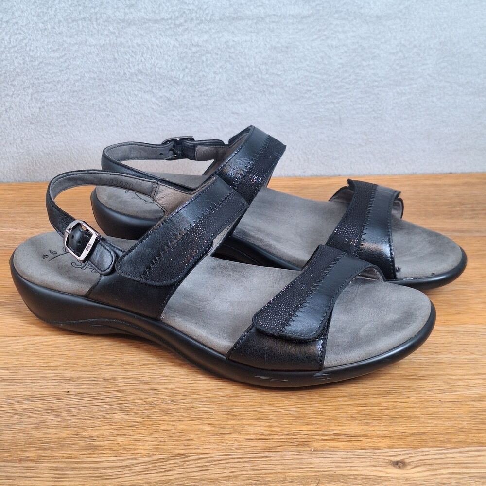 SAS Nudu Women's 9.5 Narrow Slide Sandals Midnight Black Leather Adjustable
